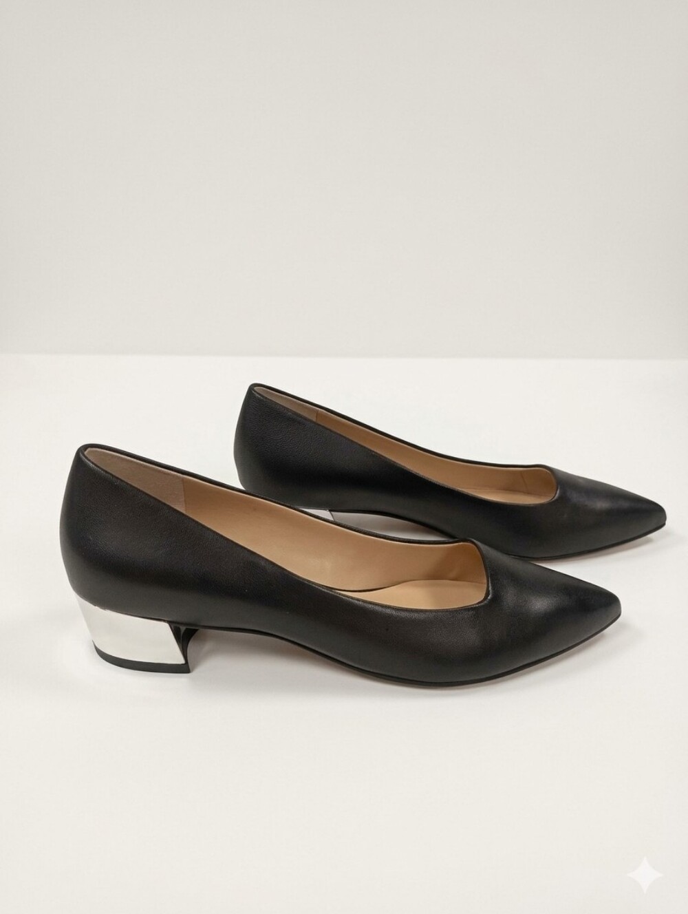 Franco Sarto Vincenza Black Leather Pointed Toe Chrome Block Heel Pumps SZ. 7.5